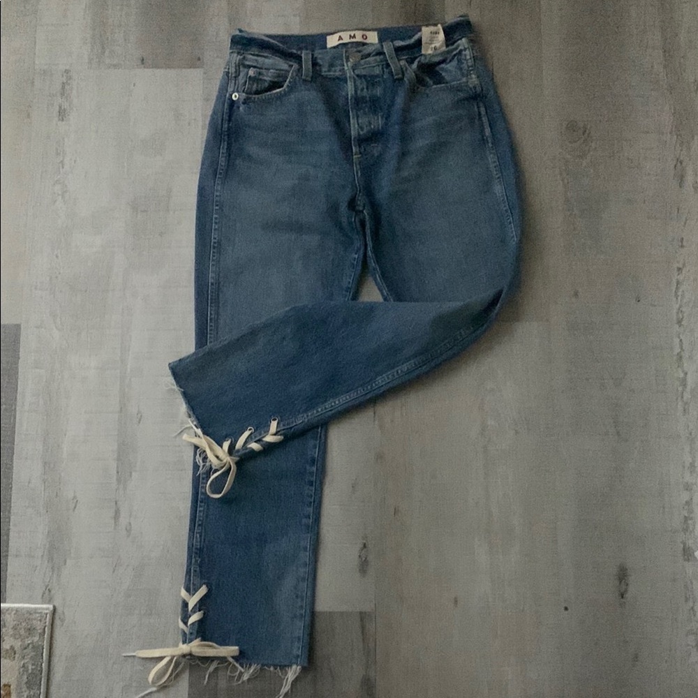 AMO Babe Lace Up Ankle Cropped Jeans with Distressed Hem Women’s sz 26 NWT